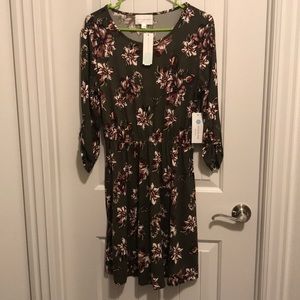 French Grey Olive Floral Dress Size Medium